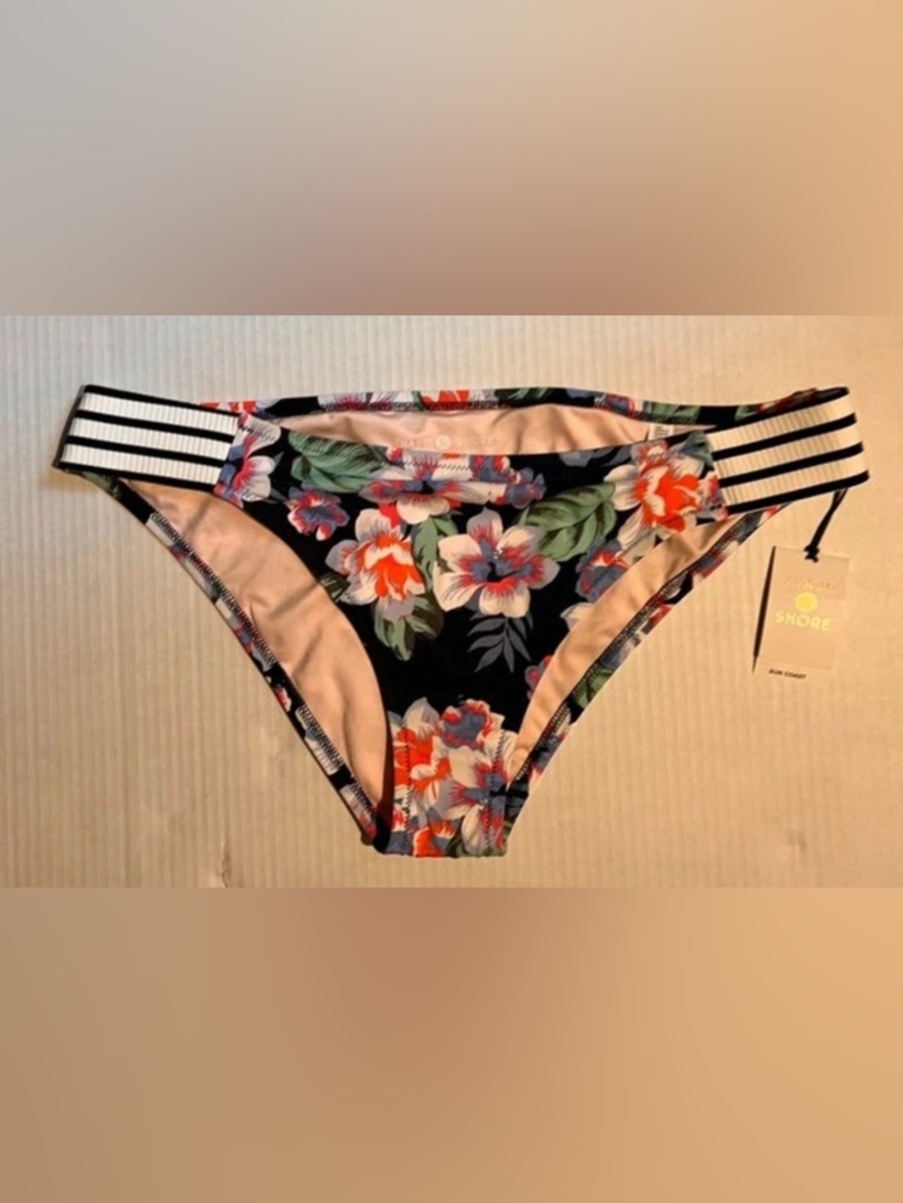 Shade & Shore Black Floral Bikini Bottom with Coral & Green Blooms